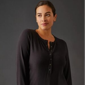 Anthropologie Black Ribbed Henley Top 1X